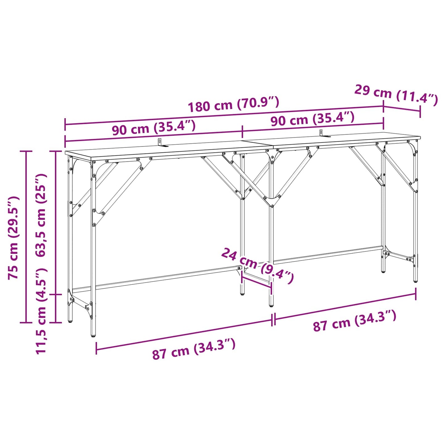 vidaXL Console Table Black Oak 180 x 30 x 75 cm Engineered Wood