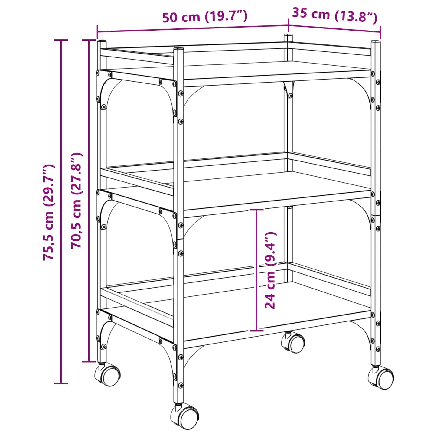 vidaXL Kitchen Trolley Sonoma Oak 50 x 35 x 75.5 cm Engineered Wood