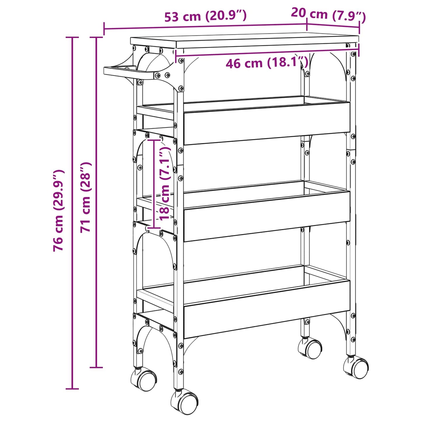 vidaXL Kitchen Trolley Sonoma Oak 53 x 20 x 76 cm Engineered Wood