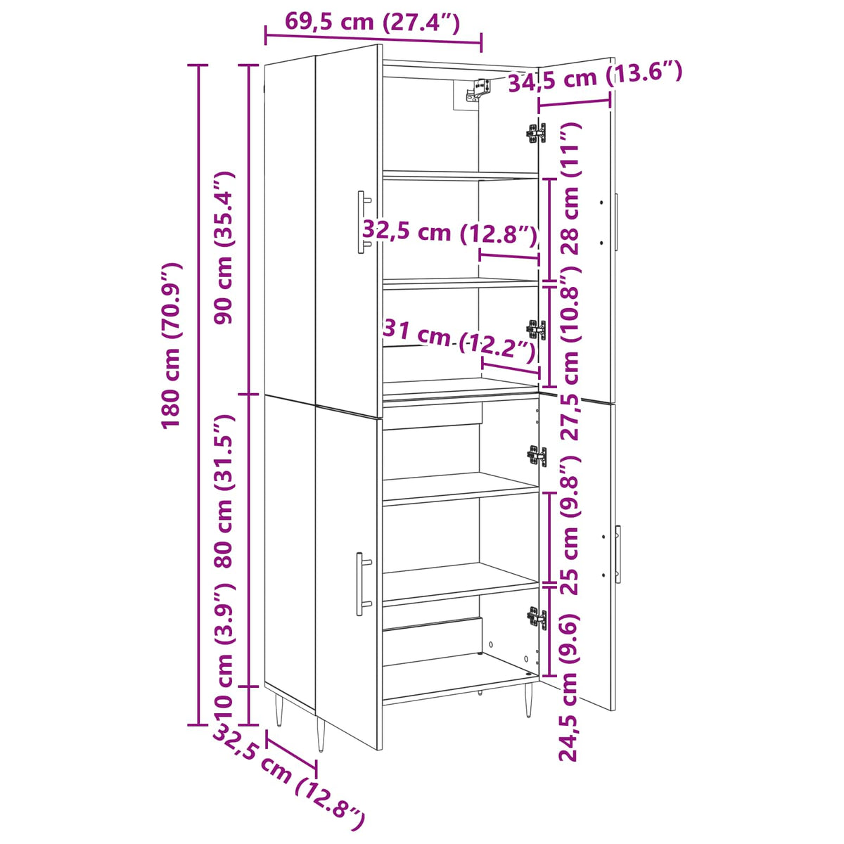 vidaXL Highboard Old wood 69.5 x 34 x 180 cm Engineered Wood
