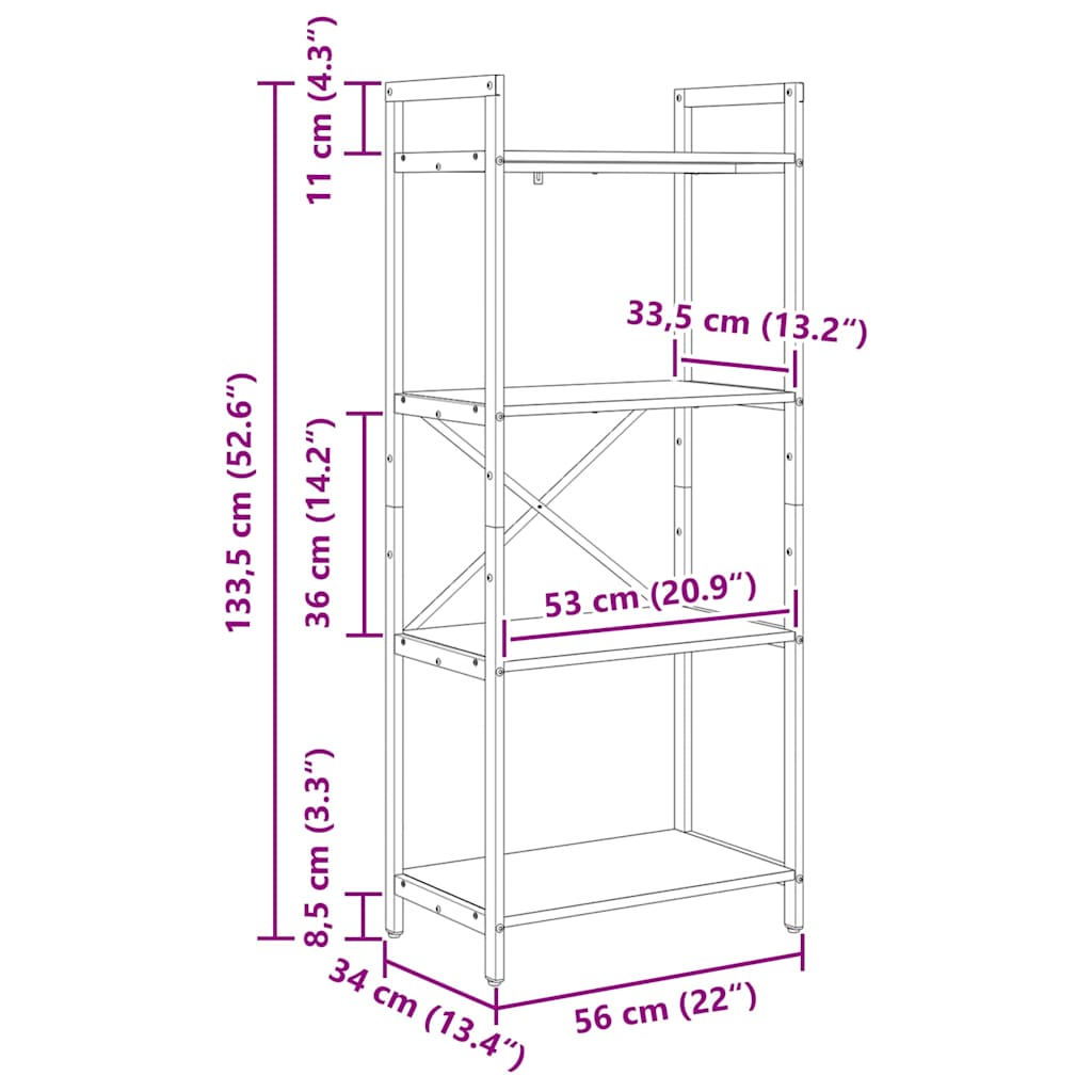 vidaXL Bookshelf Grey Sonoma 56 x 34 x 133.5 cm Engineered Wood