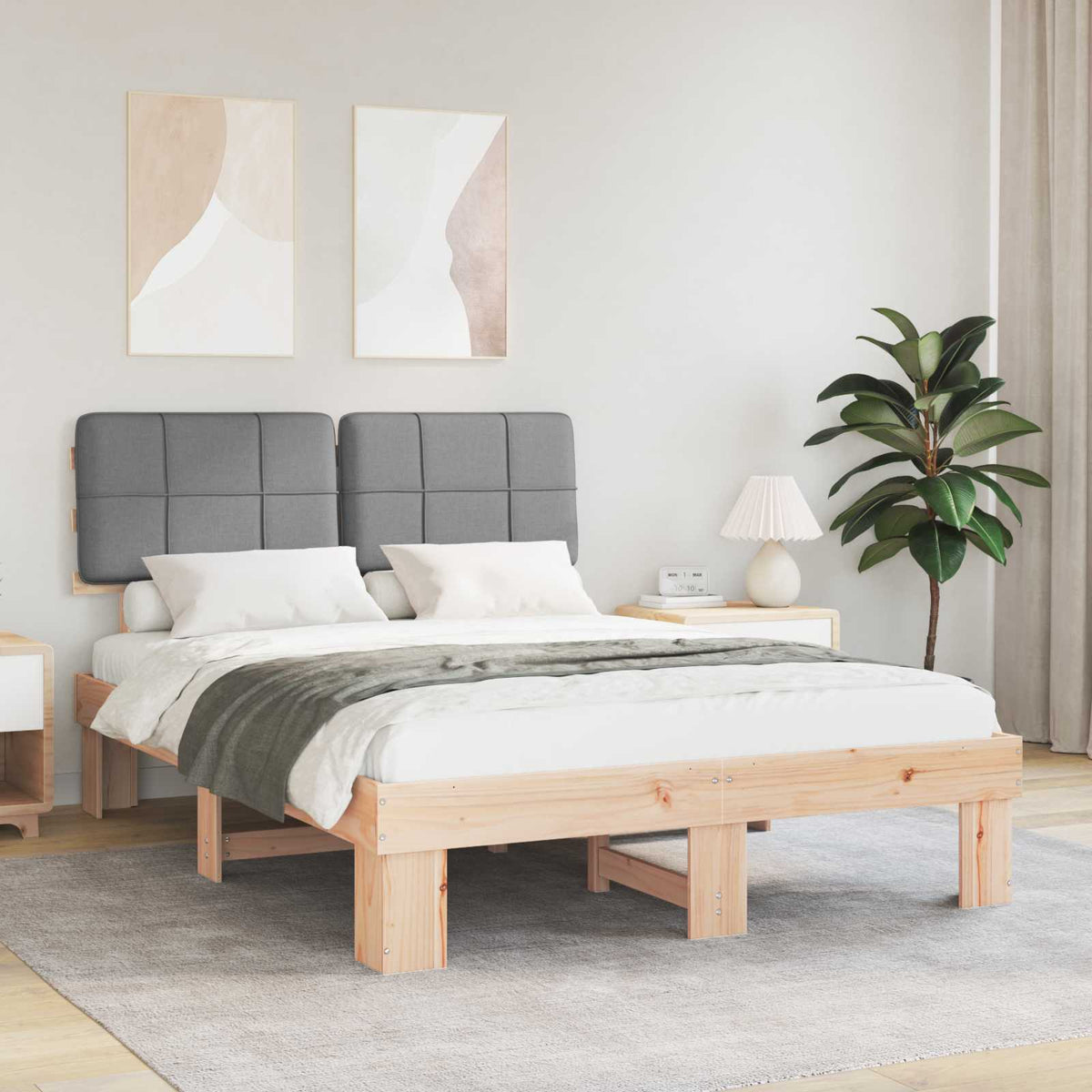 vidaXL Bed Frame with Upholstered Headboard Natural and Light Grey