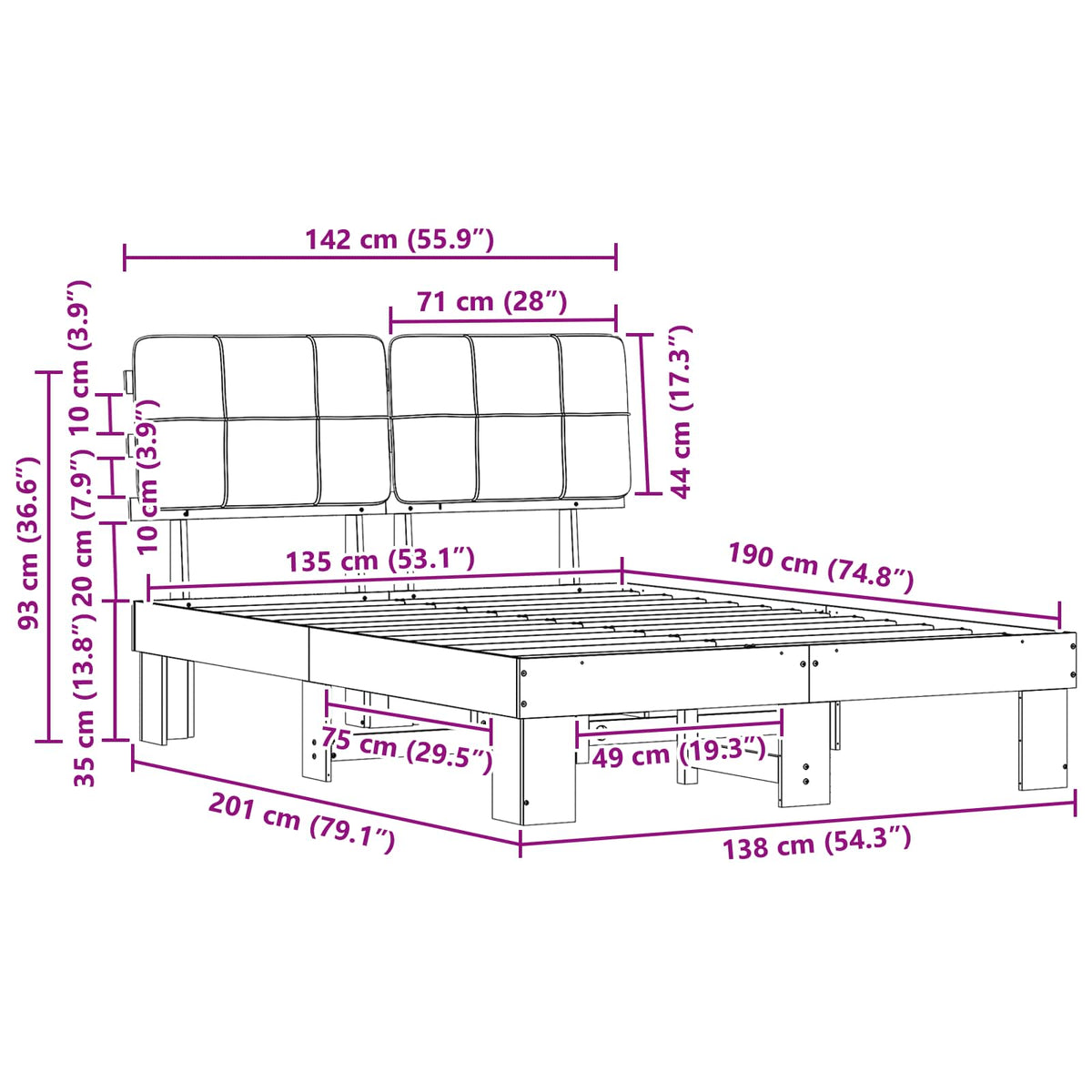 vidaXL Bed Frame with Upholstered Headboard Black 135 x 190 cm