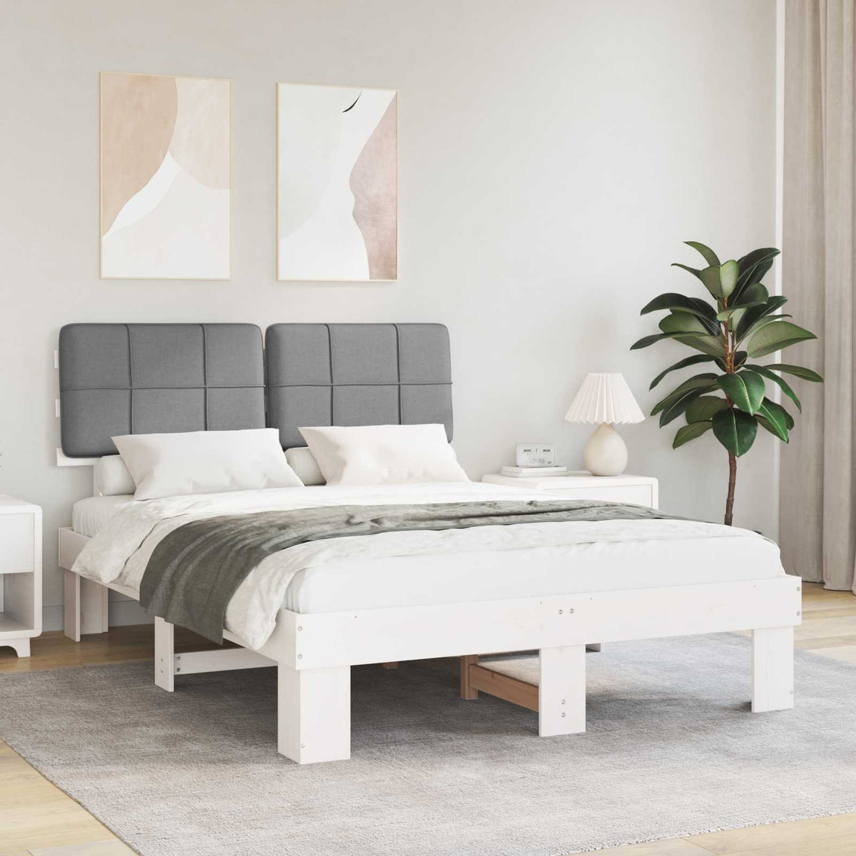 vidaXL Bed Frame with Upholstered Headboard White and Light grey