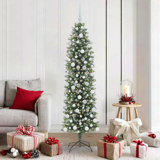 vidaXL Artificial Slim Christmas Tree Green and White 180 cm
