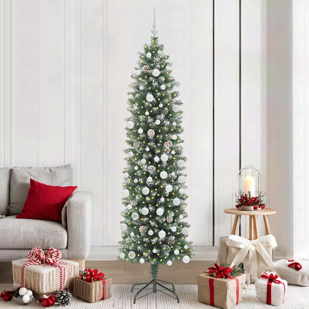 vidaXL Artificial Slim Christmas Tree Green and White 210 cm