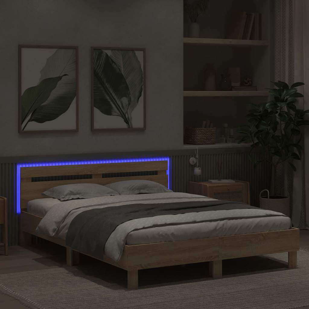 vidaXL Bed Frame with LED Sonoma 152 x 203 cm Engineered Wood