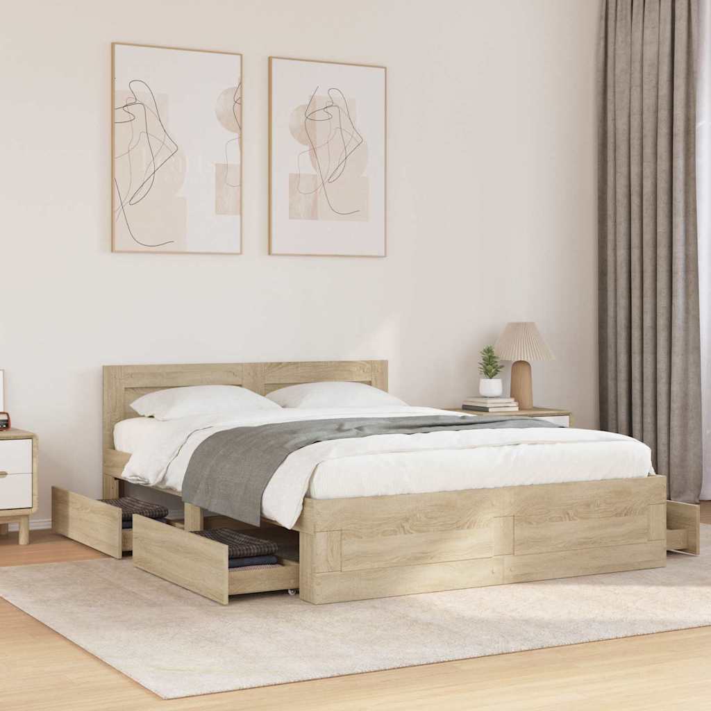 vidaXL Bed Frame with Drawer Sonoma 137 x 188 cm Engineered Wood