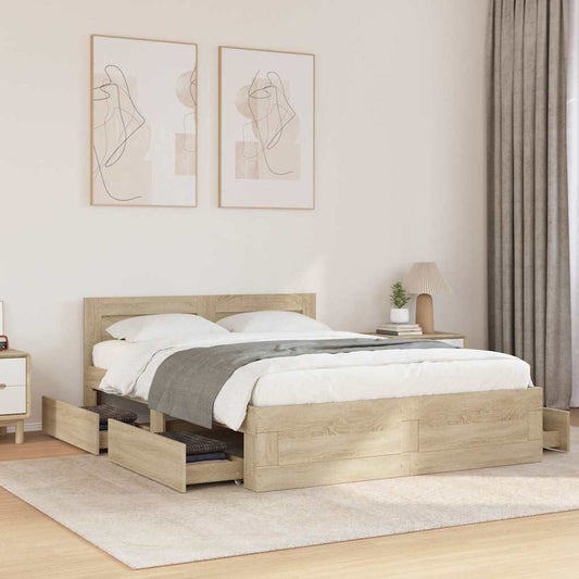 vidaXL Bed Frame with Drawer Sonoma 137 x 188 cm Engineered Wood