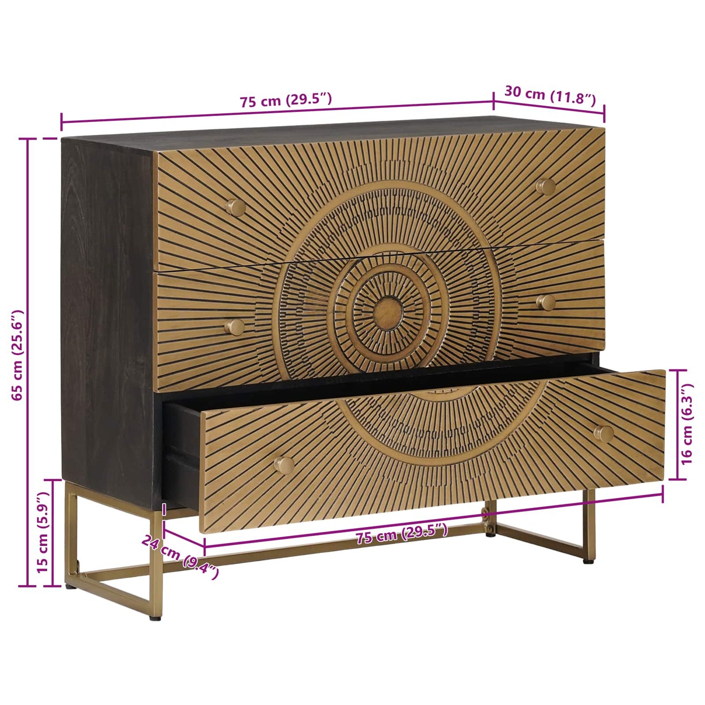 vidaXL Drawer Cabinet with Drawer Brass 75 x 30 x 65 cm