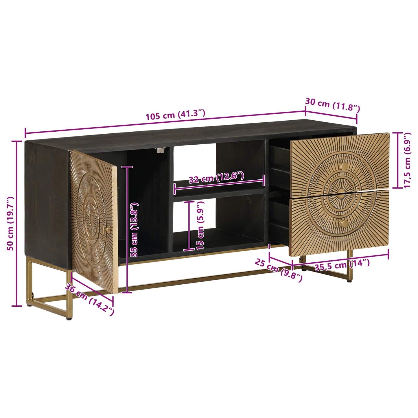 vidaXL TV Cabinet with Drawer with Shelf Brass 105 x 30 x 50 cm
