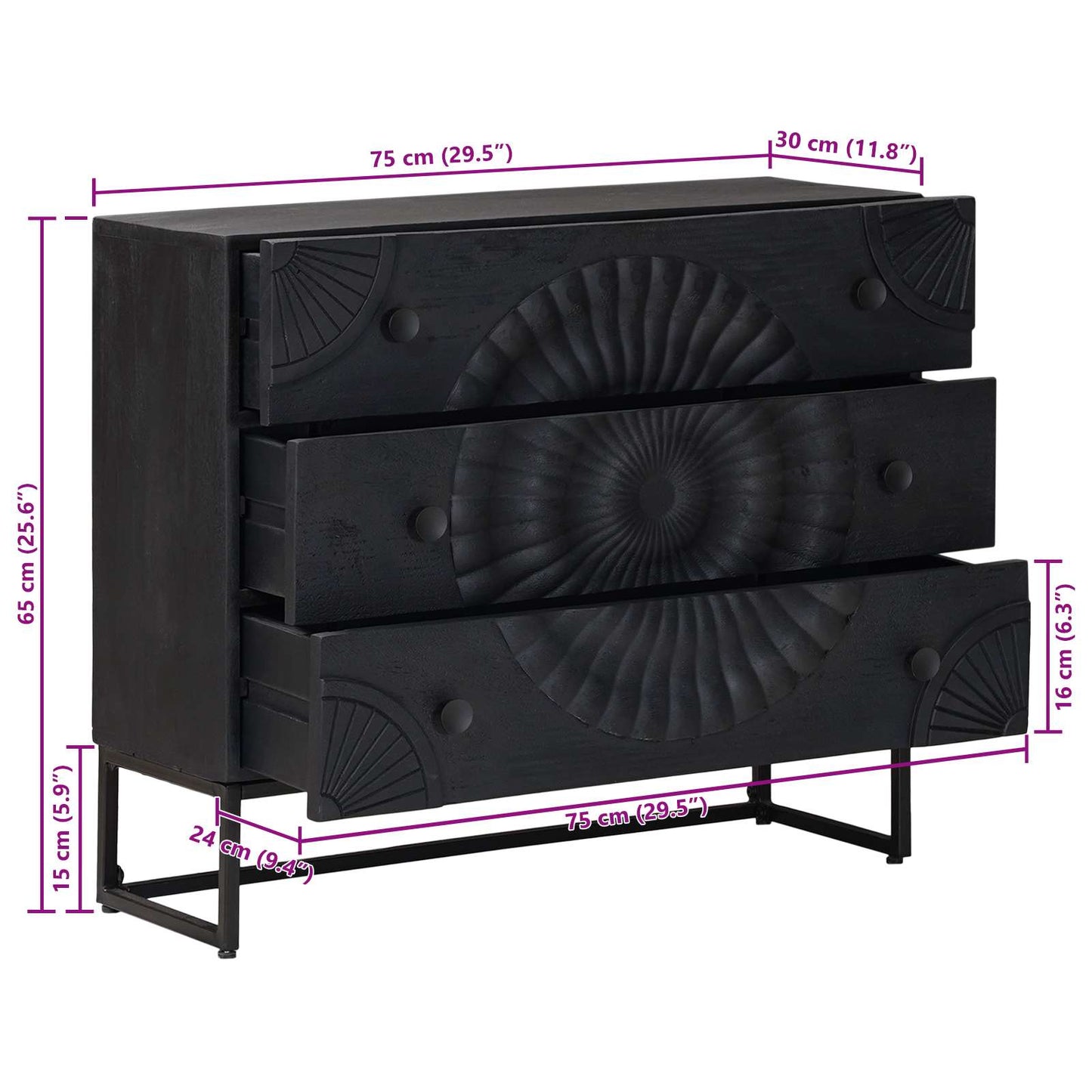 vidaXL Drawer Cabinet with Drawer Black 75 x 30 x 65 cm