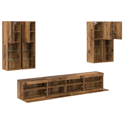 vidaXL TV Wall Cabinet Set with LED Lights with LED 7 pcs Old Wood