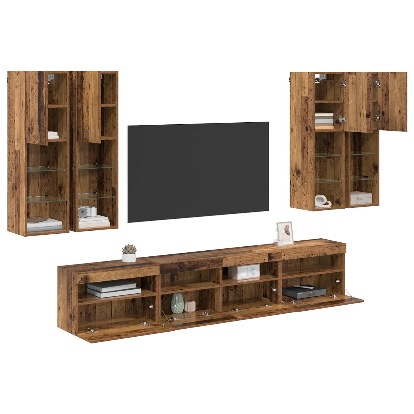 vidaXL TV Wall Cabinet Set with LED Lights with LED 7 pcs Old Wood
