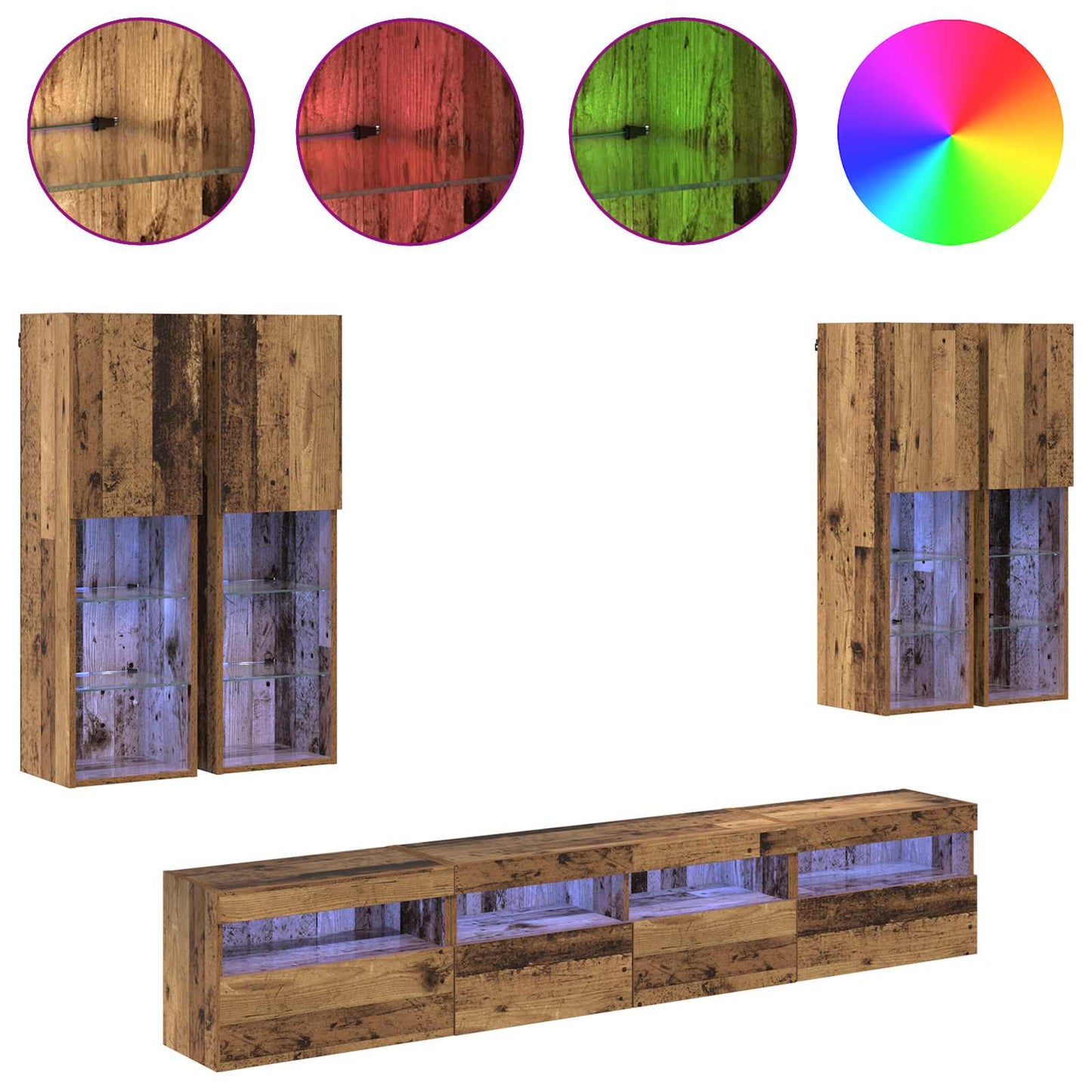 vidaXL TV Wall Cabinet Set with LED Lights with LED 7 pcs Old Wood