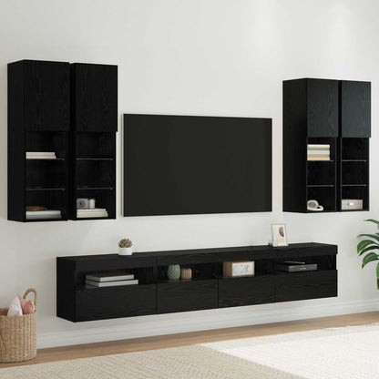 vidaXL TV Wall Cabinet Set with LED Lights with LED 7 pcs Black Oak
