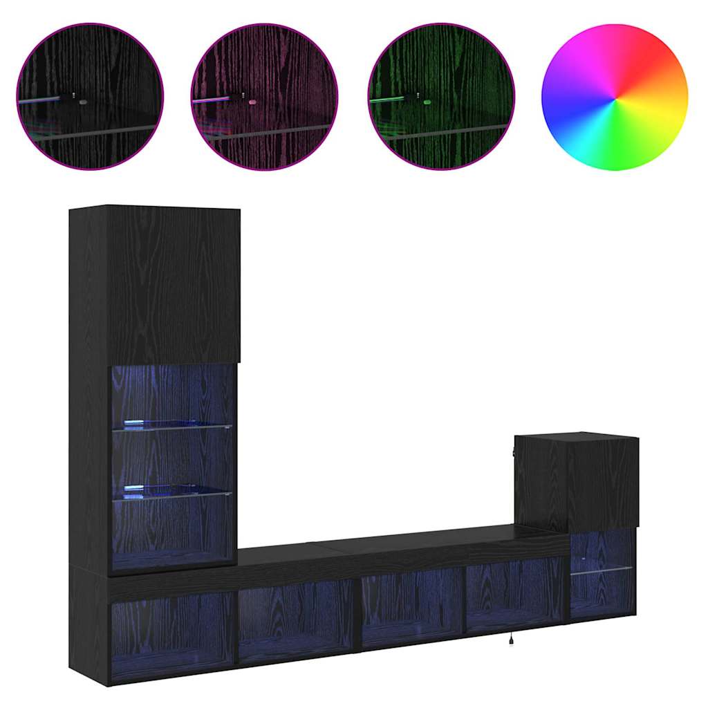 vidaXL TV Wall Units with LED Strip Lights Black Oak Engineered Wood