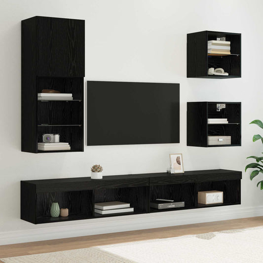 vidaXL TV Wall Units with LED 5 pcs Black Oak Engineered Wood