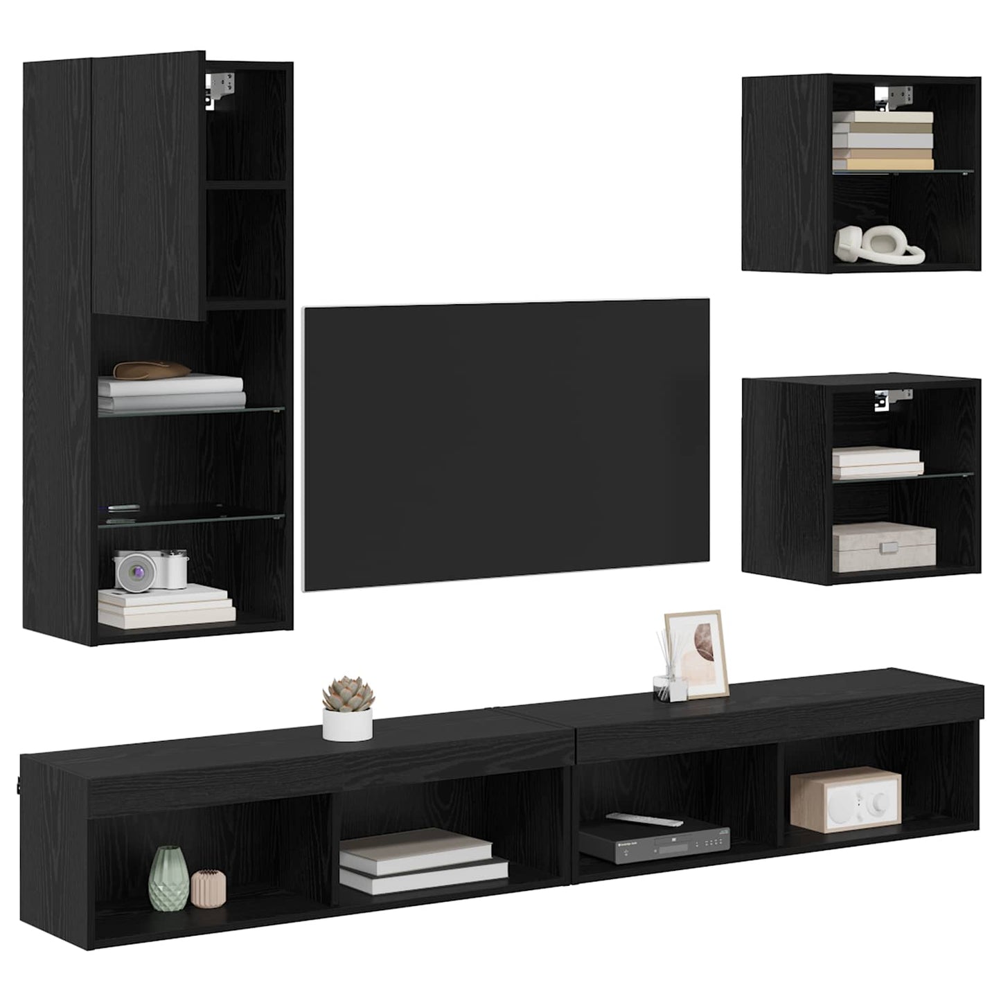 vidaXL TV Wall Units with LED 5 pcs Black Oak Engineered Wood