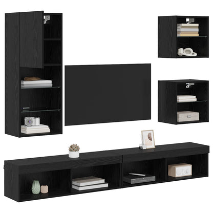 vidaXL TV Wall Units with LED 5 pcs Black Oak Engineered Wood