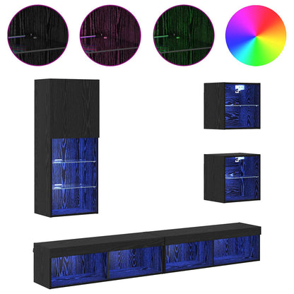 vidaXL TV Wall Units with LED 5 pcs Black Oak Engineered Wood