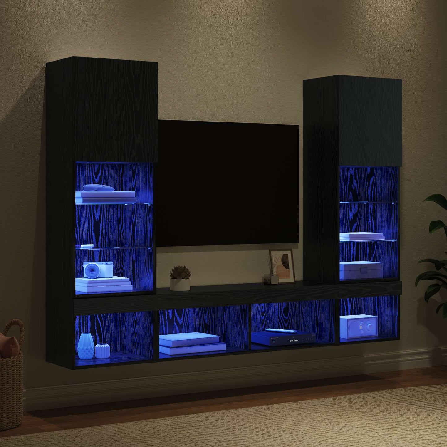 vidaXL TV Wall Units with LED 5 pcs 40.5 x 30 x 102 cm Black Oak