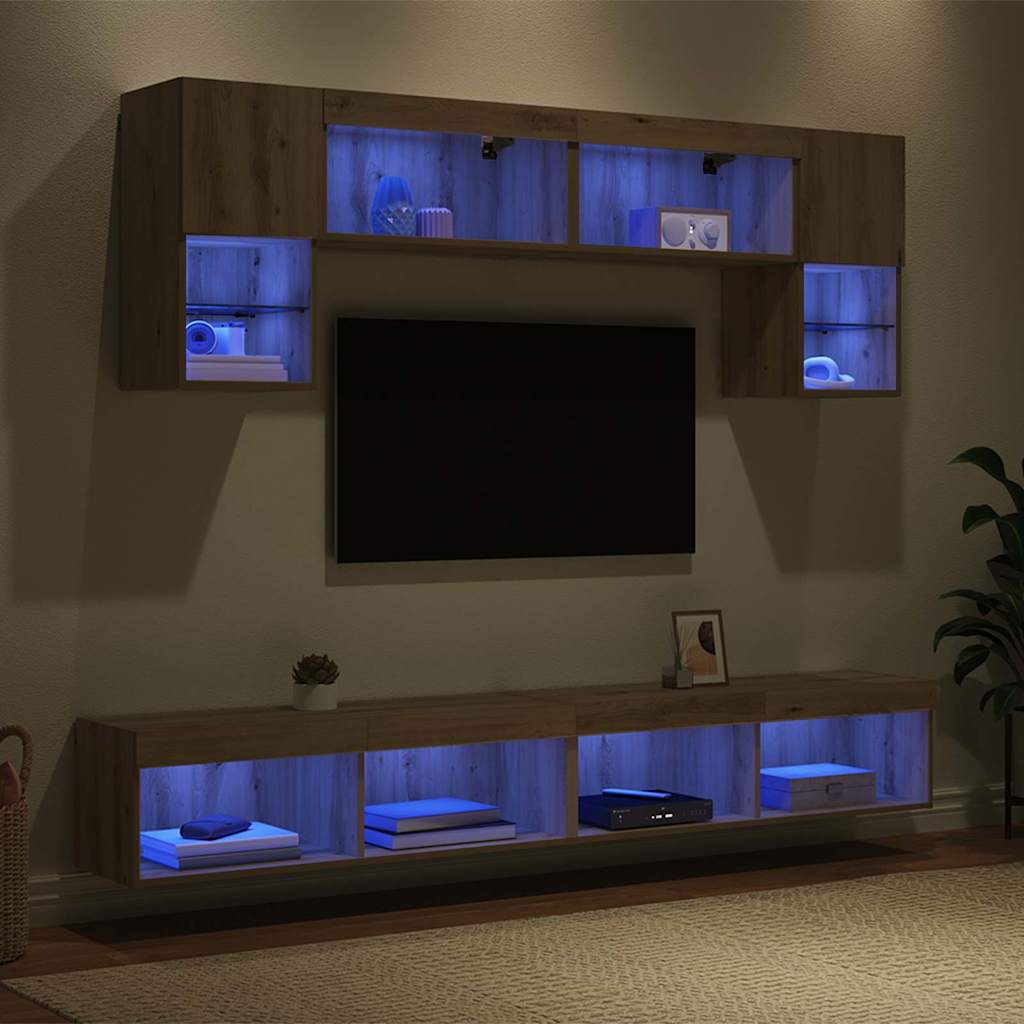 vidaXL TV Wall Units with LED 6 pcs Artisan Oak Engineered Wood