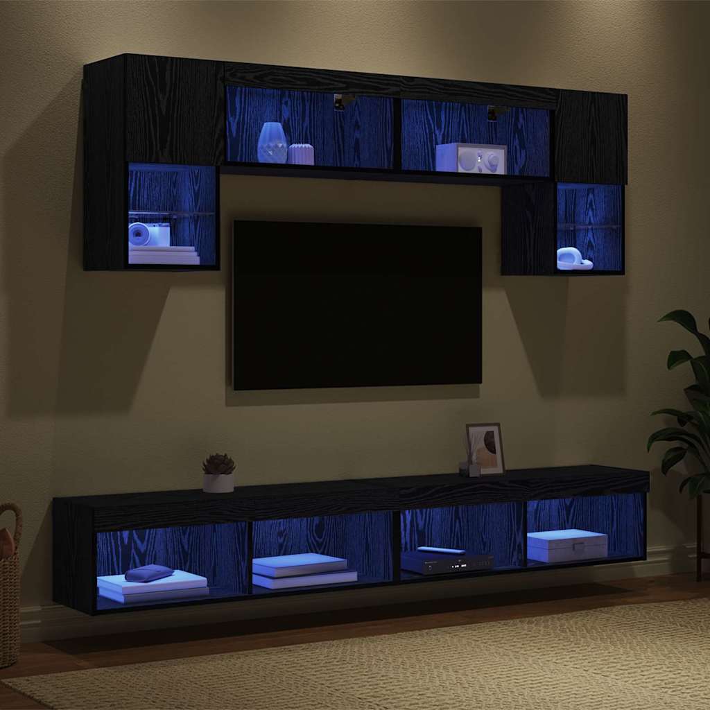 vidaXL TV Wall Units with LED 6 pcs Black Oak Engineered Wood