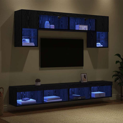 vidaXL TV Wall Units with LED 6 pcs Black Oak Engineered Wood