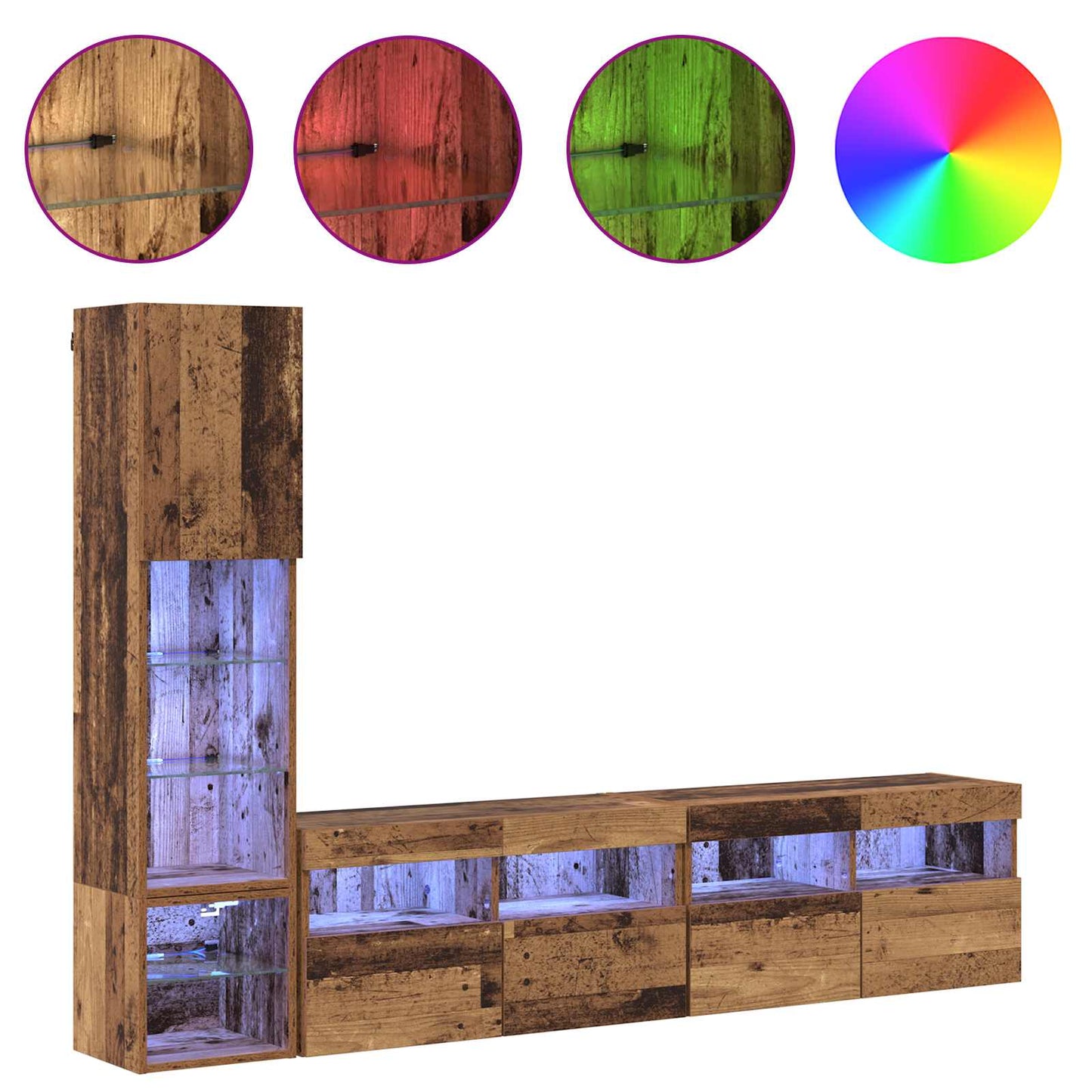 vidaXL TV Wall Unit with LED 4 pcs Old Wood Engineered Wood