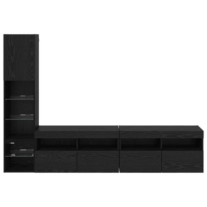vidaXL TV Wall Unit with LED 4 pcs Black Oak Engineered Wood