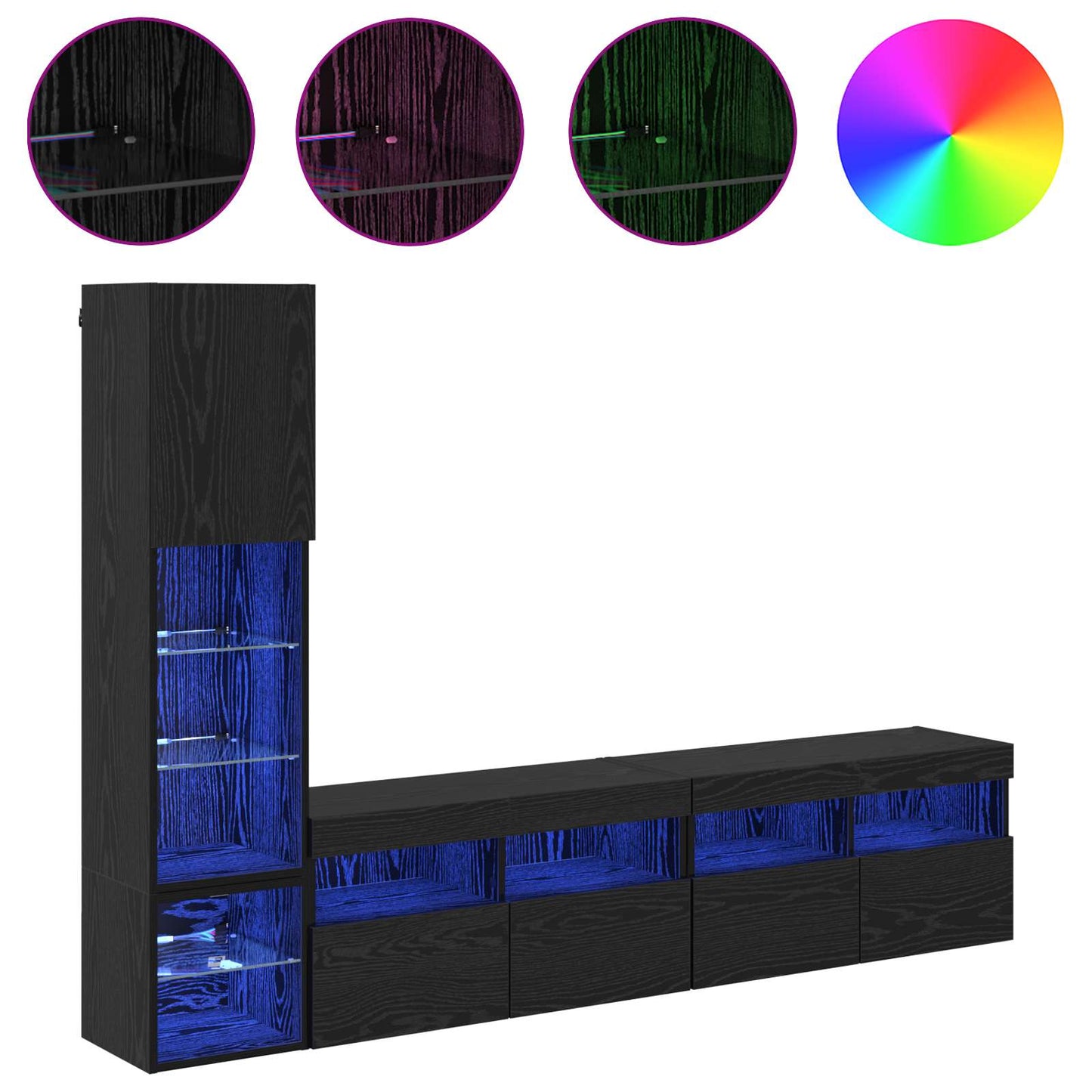 vidaXL TV Wall Unit with LED 4 pcs Black Oak Engineered Wood