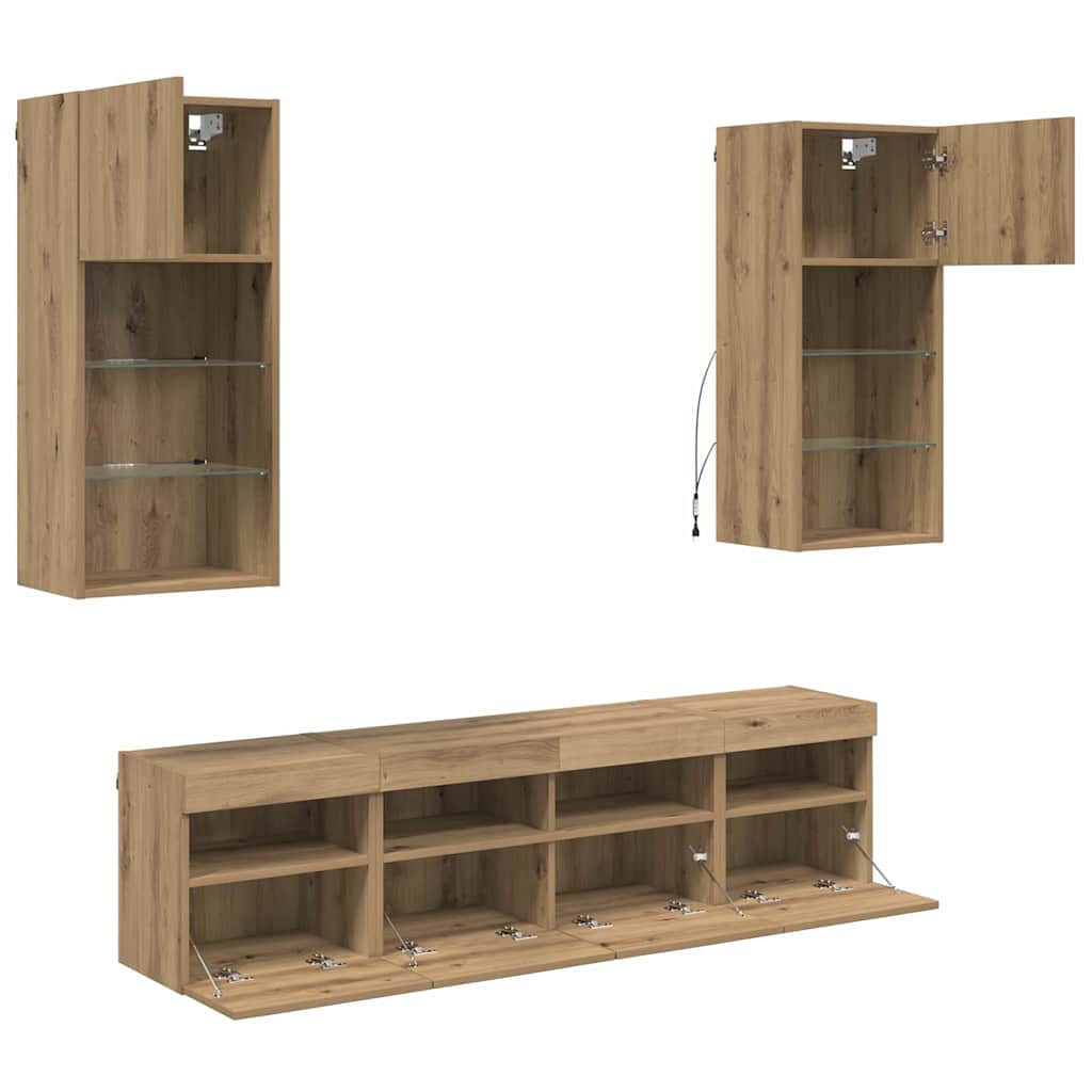 vidaXL TV Wall Units with LED 5 pcs Artisan Oak Engineered Wood