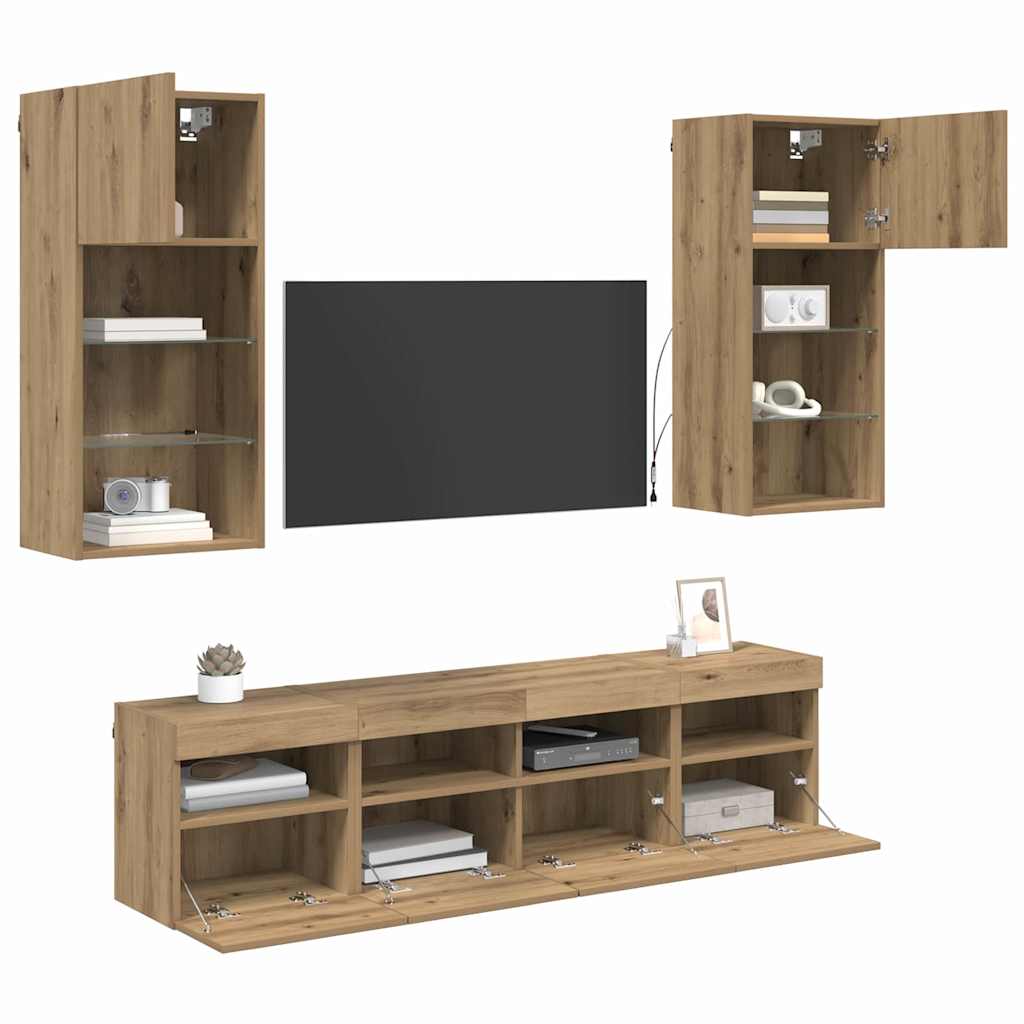 vidaXL TV Wall Units with LED 5 pcs Artisan Oak Engineered Wood