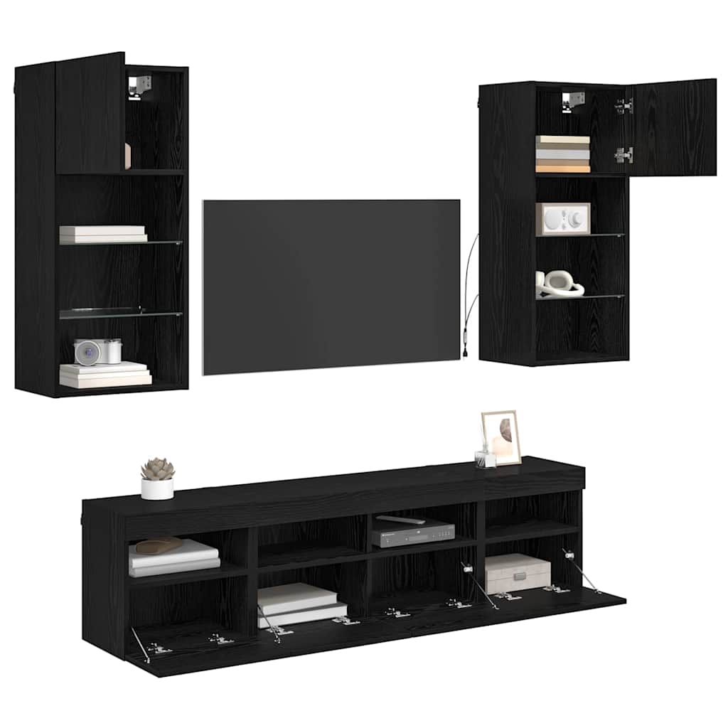 vidaXL TV Wall Units with LED Black Oak Engineered Wood