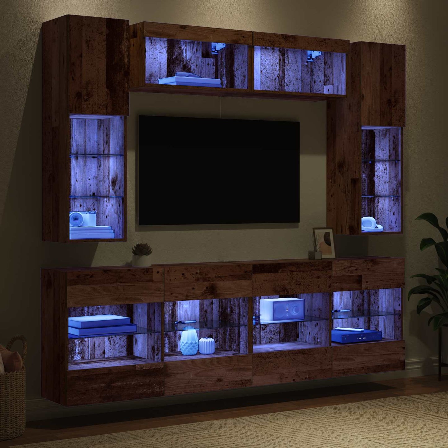 vidaXL TV Wall Cabinet Set with LED 6 pcs Old Wood Engineered Wood