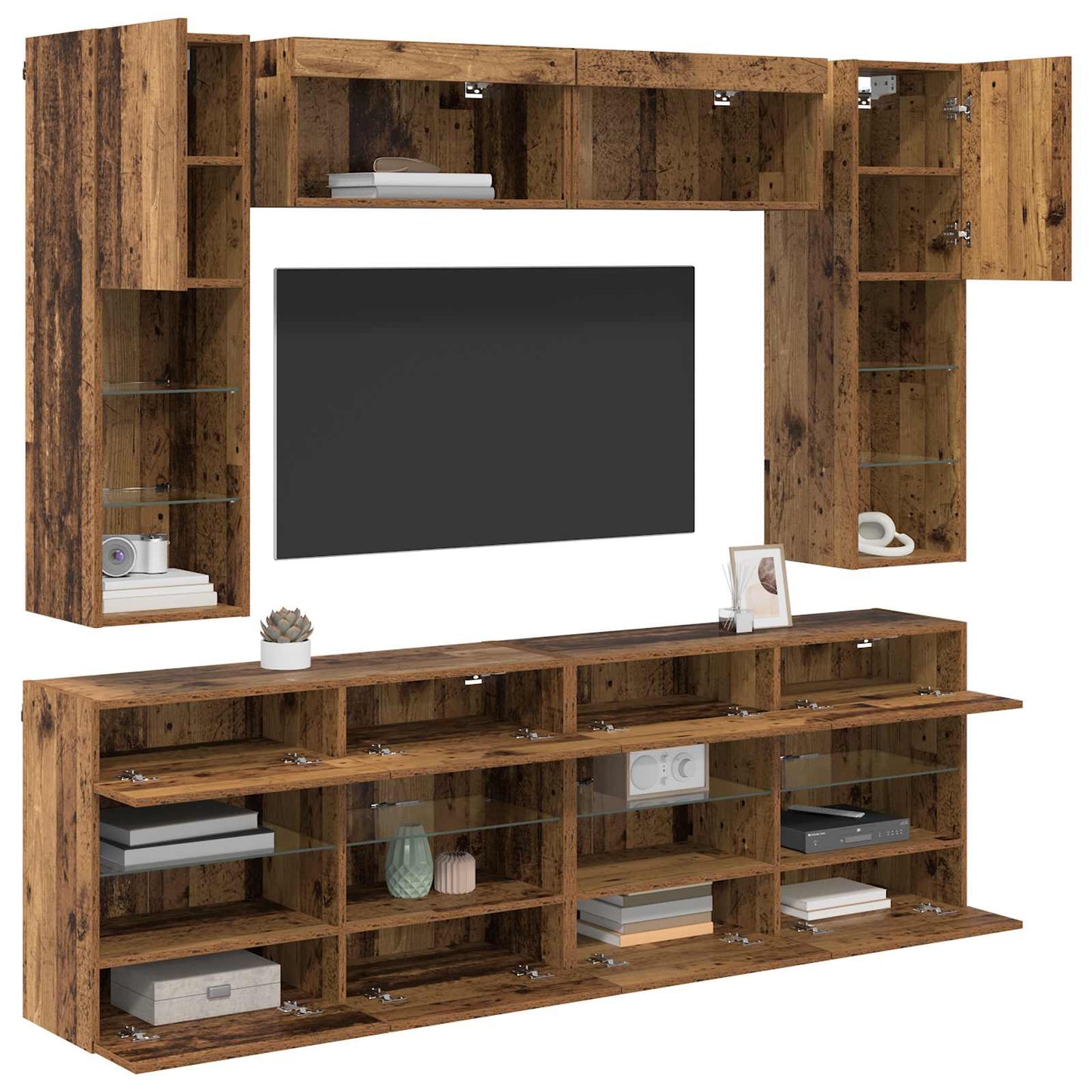 vidaXL TV Wall Cabinet Set with LED 6 pcs Old Wood Engineered Wood
