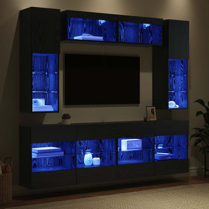 vidaXL TV Wall Cabinet Set with LED 6 pcs Black Oak Engineered Wood