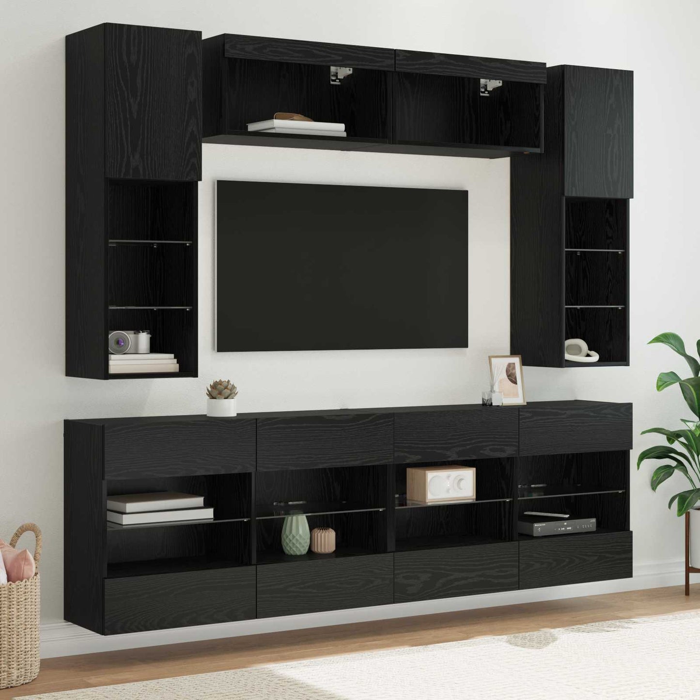 vidaXL TV Wall Cabinet Set with LED 6 pcs Black Oak Engineered Wood