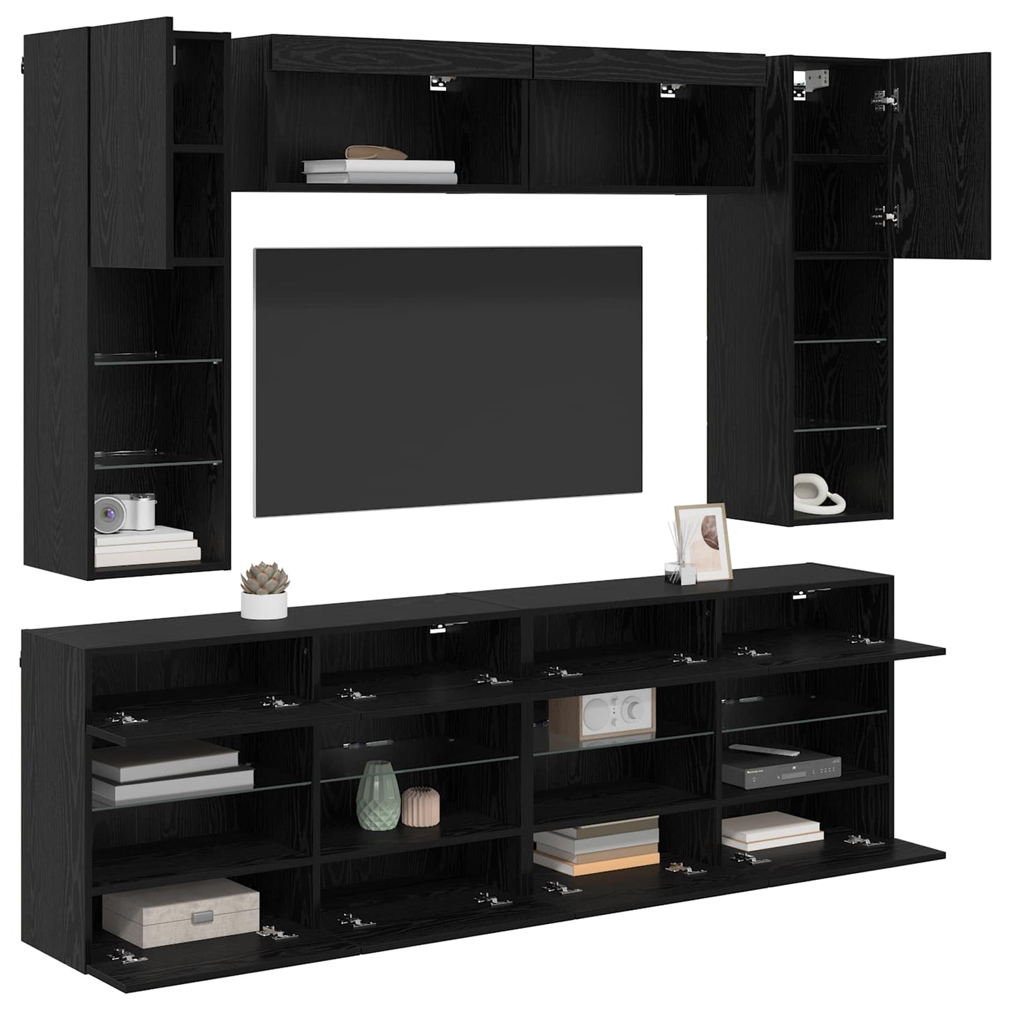 vidaXL TV Wall Cabinet Set with LED 6 pcs Black Oak Engineered Wood