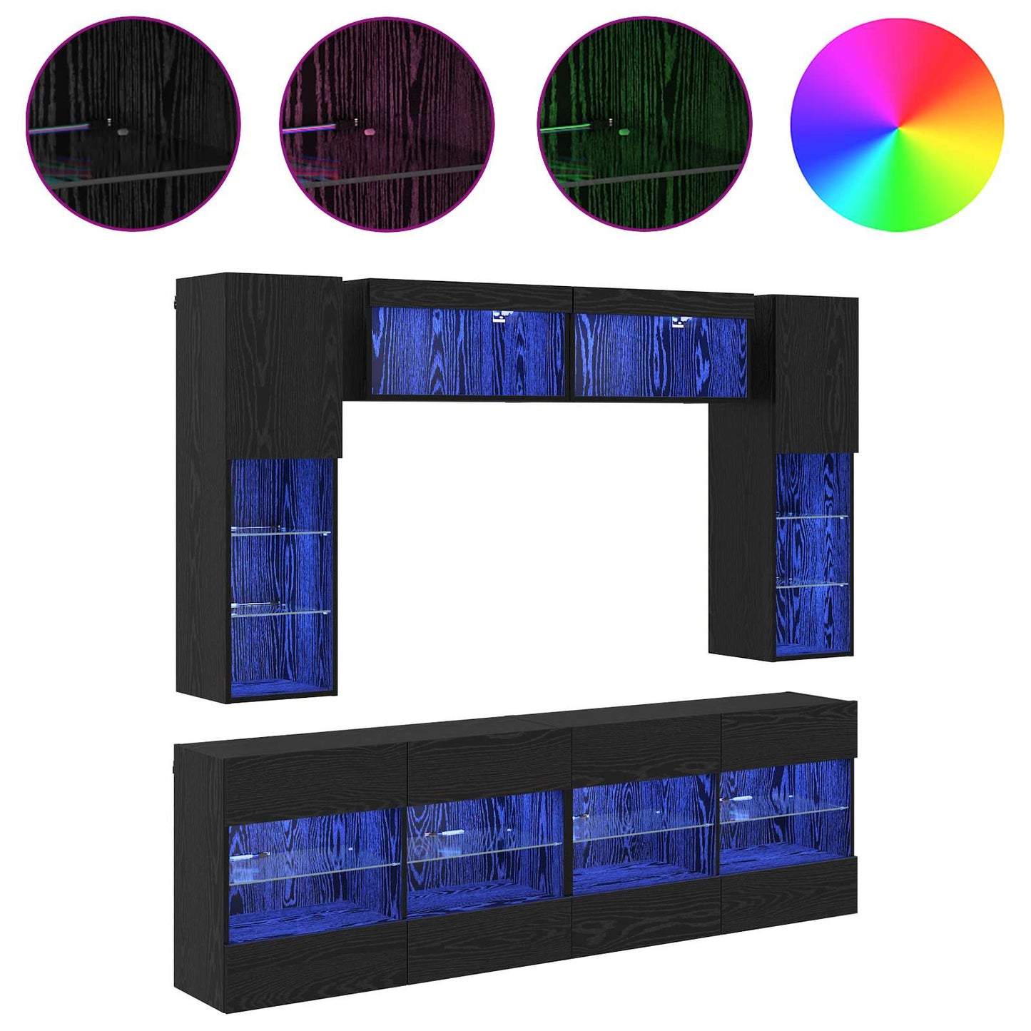 vidaXL TV Wall Cabinet Set with LED 6 pcs Black Oak Engineered Wood