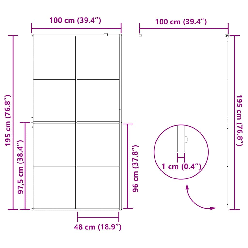 vidaXL Walk-in Shower Wall Black 100 x 195 cm Tempered Glass