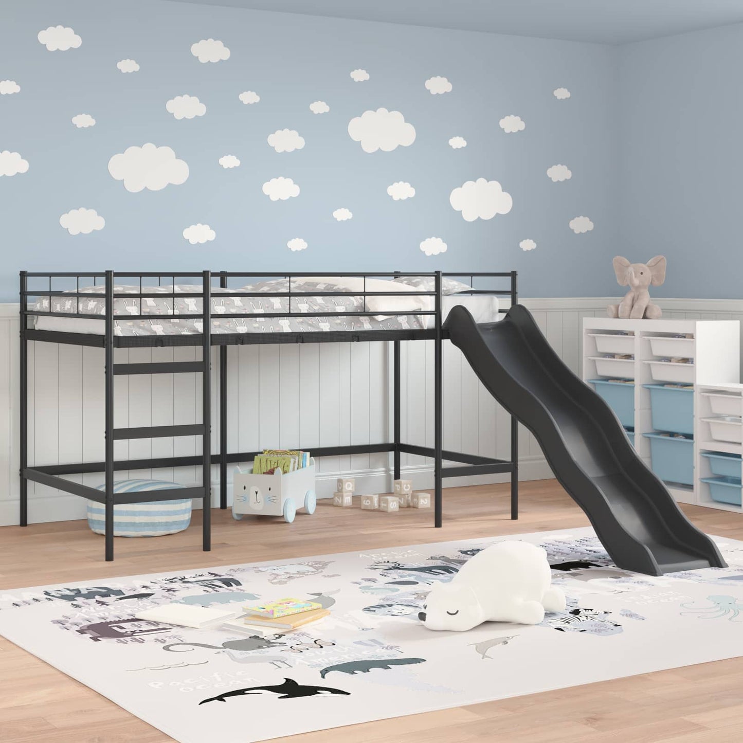 vidaXL Kids'Loft Bed Frame with Slide Plain Black and Anthracite
