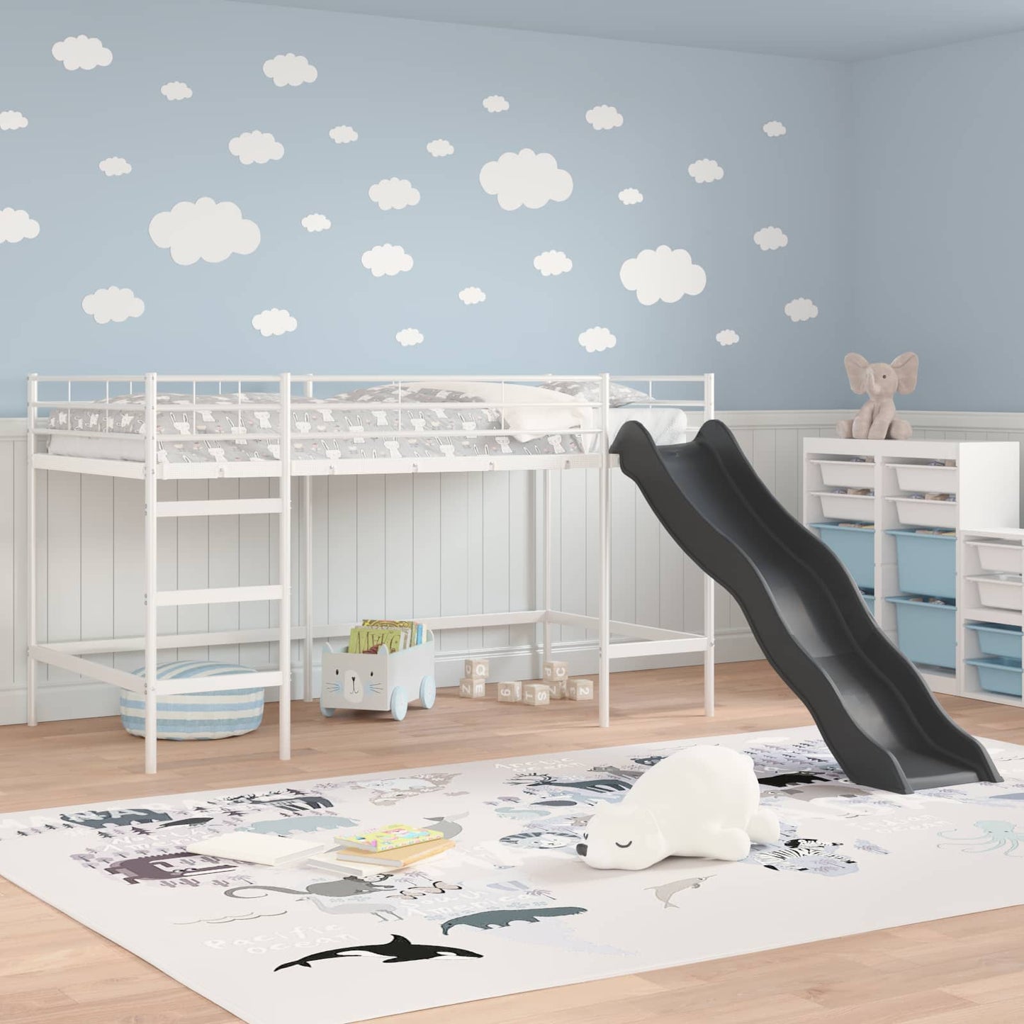 vidaXL Kids'Loft Bed Frame with Slide Plain White and Anthracite