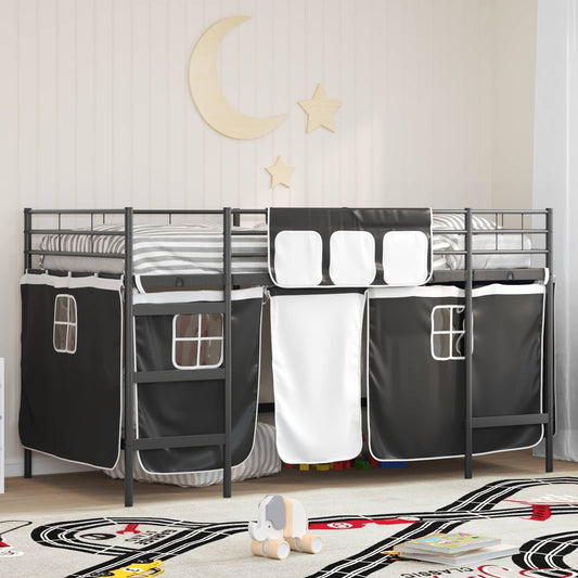 vidaXL Kids'Loft Bed Frame with Curtains Plain Black 90 x 200 cm