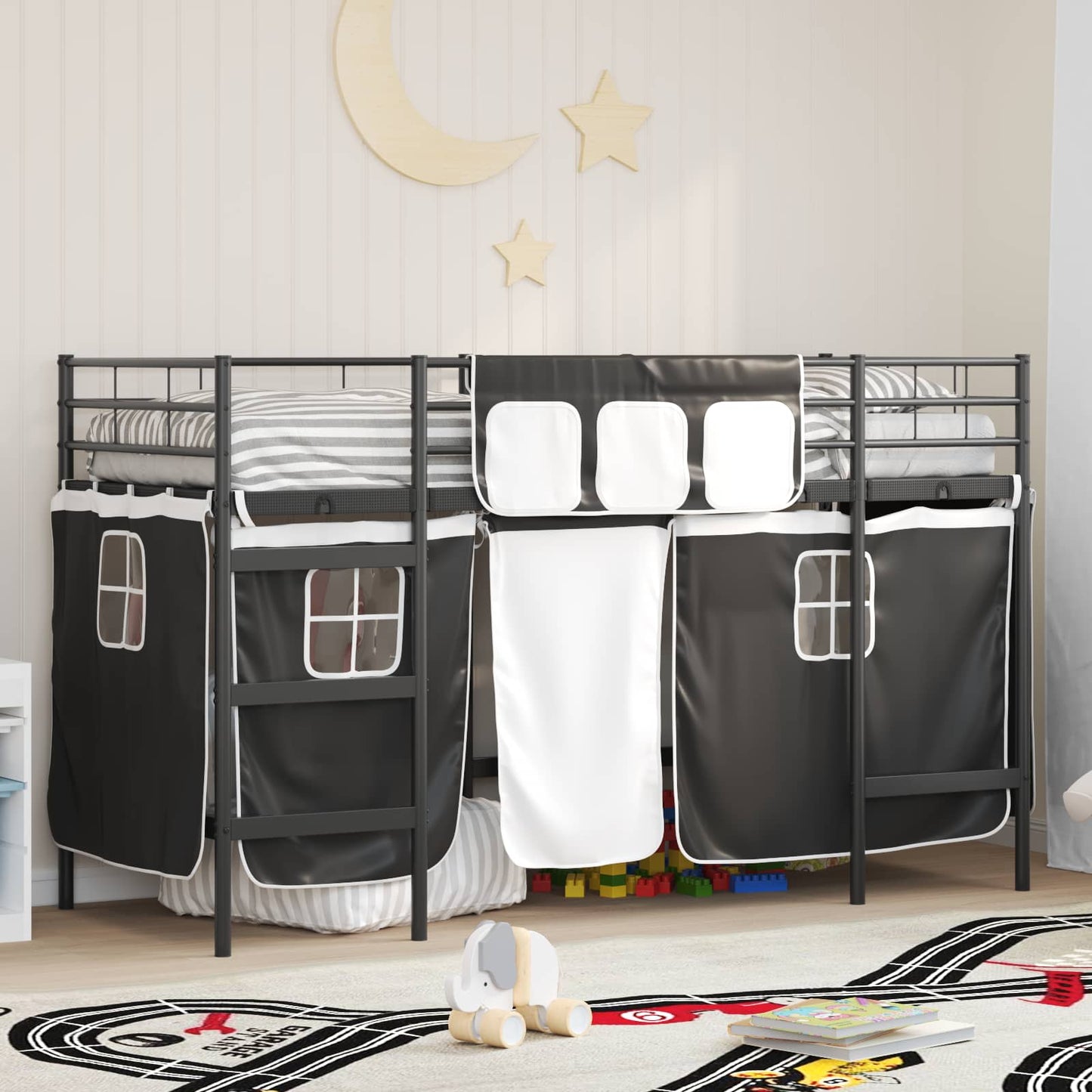 vidaXL Kids'Loft Bed Frame with Curtains Black 100 x 190 cm