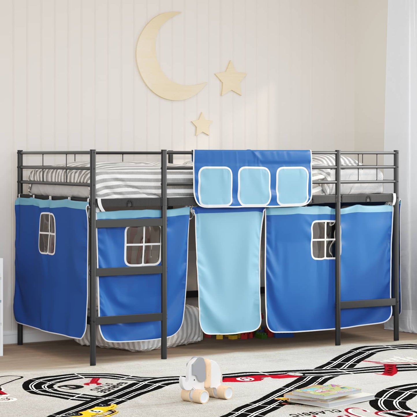 vidaXL Kids'Loft Bed Frame with Curtains Black and Blue 80 x 200 cm