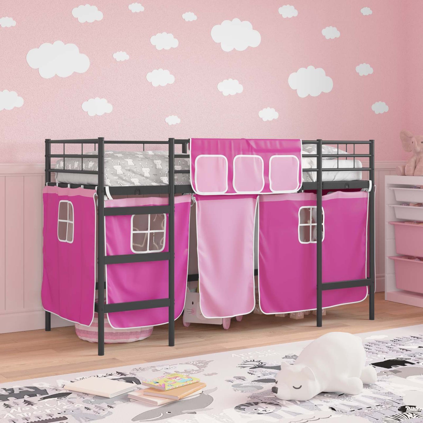 vidaXL Kids'Loft Bed Frame with Curtains Black and Pink 75 x 190 cm