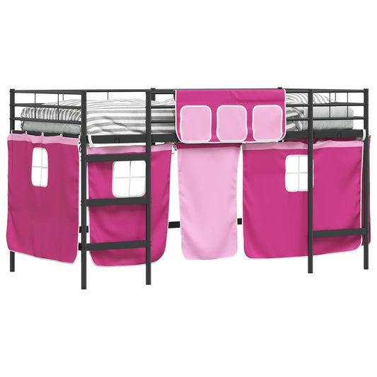 vidaXL Kids'Loft Bed Frame with Curtains Black and Pink 80 x 200 cm