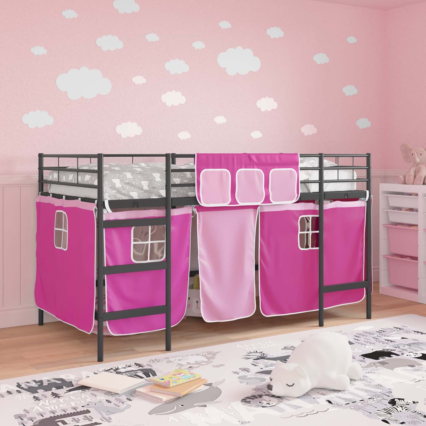 vidaXL Kids'Loft Bed Frame with Curtains Black and Pink 90 x 200 cm